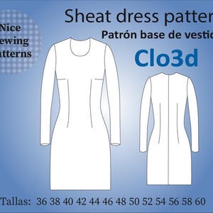 Digital CLO3D dress PATTERN basic dress, Vestido basico clo 3d tallas 36/60