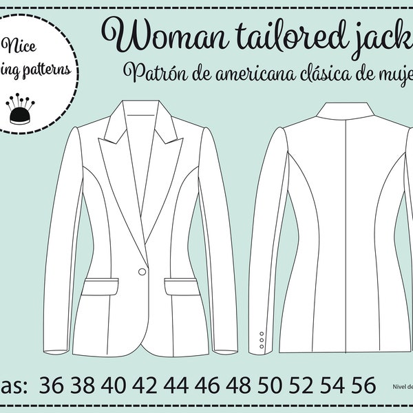 Woman tailored jacket pattern pdf instant download/ 36/38/40/42/44/46/48/50/52/54/56/ PATRON DE AMERICANA /patrón chaqueta sastre de mujer