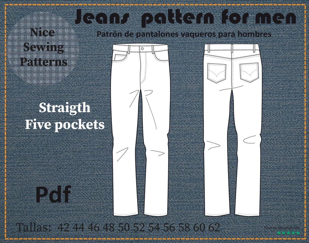 Basic Jeans Pattern JEANS FOR MEN Pattern and Instructions/ Straight Leg 5 Pocket/ Instant ...