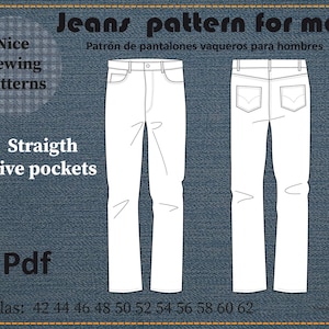 Molde e instruções de JEANS PARA HOMENS/ Perna reta 5 bolsos/ download instantâneo em PDF/ inglês/ francês/ espanhol/ Tamanhos Reino Unido 32/44 UE 46/ 60