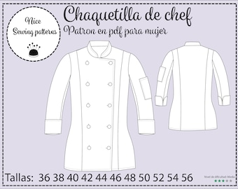 Patron pdf de chaquetilla para chef mujer imprimir/ todas las tallas /woman chef jacket pattern pdf/incluye instrucciones y plano de corte