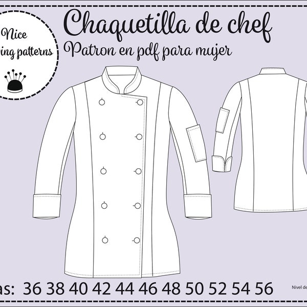 Patron pdf de chaquetilla para chef mujer imprimir/ todas las tallas /woman chef jacket pattern pdf/incluye instrucciones y plano de corte