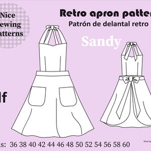 Wzór na fartuch retro w formacie PDF /instrukcje w języku hiszpańskim i angielskim/, wzór na fartuch vintage w formacie PDF, rozmiary 36,38,40,42,44,46,48,50,52,54,56,58,60.