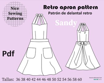 Retro apron pattern pdf /instructions in Spanish and English/, vintage apron pattern pdf, sizes 36,38,40,42,44,46,48,50,52,54,56,58,60.