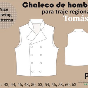 Patrón de chaleco regional "Tomás"/pdf A4/patrón para hombres/No tiene instrucciones de confección,42,44,46,48,50,52,54,56,58,60,62