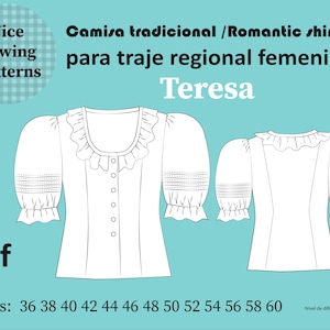 May include: A white, traditional shirt pattern with a ruffled collar and sleeves, labeled "Camisa tradicional / Romantic shirt" and "Teresa." The pattern includes sizes 36-60 and is marked as advanced. The background is a light teal color.