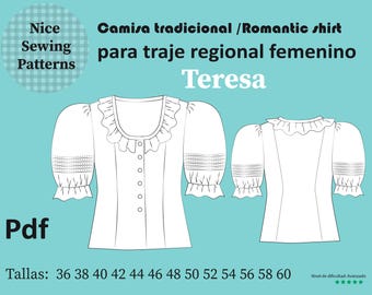 Regionales Blusenmuster mit Rundhalsausschnitt und Laternenärmeln. Teresa PDF, alle Größen 36–60, digitales Schnittmuster, geeignet für Fallera, Aragonese, Cosplay, Kanarische Trachten usw.