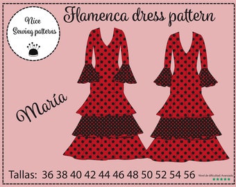 Patron de robe FLAMENCO "MARIA" pdf /taille 36/38/40/42/44/46/48/50/52/54/56 patron de robe flamenco en pdf avec instructions en espagnol 56p