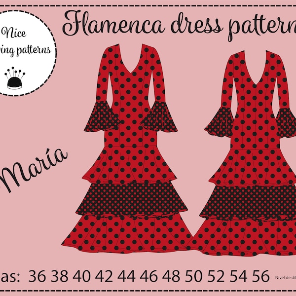 FLAMENCO "MARIA" dress pattern pdf /size 36/38/40/42/44/46/48/50/52/54/56 patron vestido de flamenca en pdf con instrucciones en español 56p