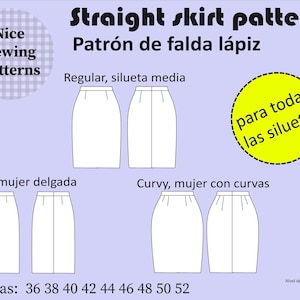 Pencil skirt pattern, PDF format, immediate download, Three patterns in one, sizes from 36 to 52. Three different silhouettes,