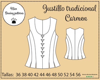 PATRON DE JUSTILLO de baturra, pdf/contiene instrucciones de confeccion/ tallas de la 36 hasta la 56