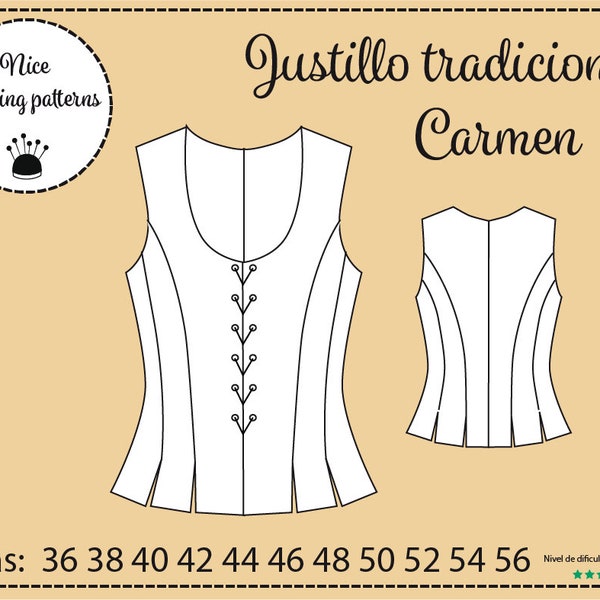 PATRON DE JUSTILLO de baturra, pdf/contiene instrucciones de confeccion/ tallas de la 36 hasta la 56