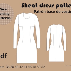 Basic dress pattern with sleeves. Patron básico de vestido con mangas pdf descarga inmediata, basic dress, tallas 36/60
