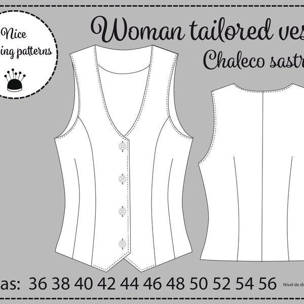 Woman tailored veste pattern pdf/ tailored vest pattern for women pdf 36/38740/42/44/46/48/50/52/54/56