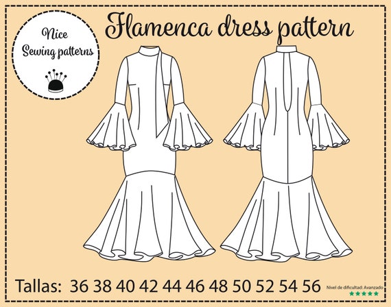 Patrón de vestido de flamenca TINA /descargable/download/ pdf/ tallas 36  /56 -  España