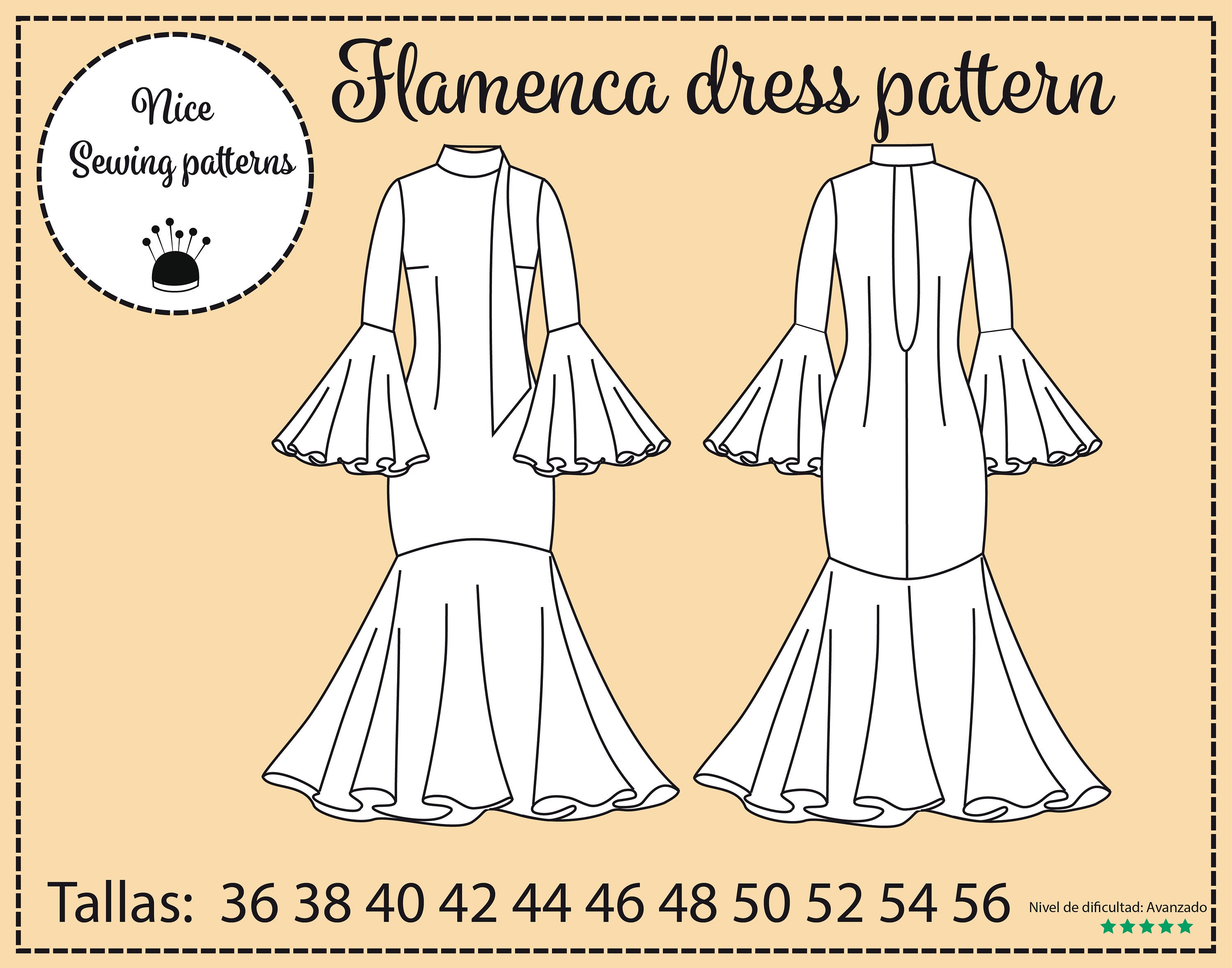 Patron De Vestido De Flamenca/descargable/pdf/ Tallas 36 /56 New Zealand