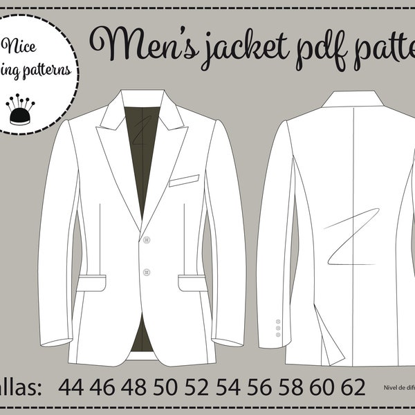 Tux jacket pattern/ Patrón de americana de hombre pdf /sizes XS-XXL Es 42-62, EN 32-42