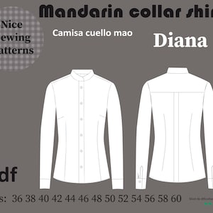May include: A white Mandarin collar shirt sewing pattern, with front and back views. The pattern includes sizes 36-60. The text "Nice Sewing Patterns" and "Diana" are also visible. The difficulty level is medium/high.