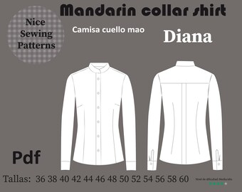 Muster für Damenhemd mit Stehkragen im PDF-Format/Patron de camisa para mujer im PDF-Format, Patron Chemise Femme 36/38/40/42/44/46/48/50/52/54/56/58/60