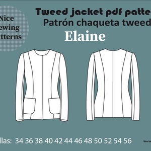 May include: A digital sewing pattern for a tweed jacket named Elaine, featuring front and back line drawings of a long-sleeved jacket with two front pockets. The text includes Nice Sewing Patterns, Tweed jacket pdf pattern, and sizes 34 to 56.
