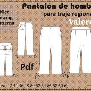 Patrón de pantalón regional "Valero"/pdf A4/patrón para hombres/No tiene instrucciones de confección,42,44,46,48,50,52,54,56,58,60,62