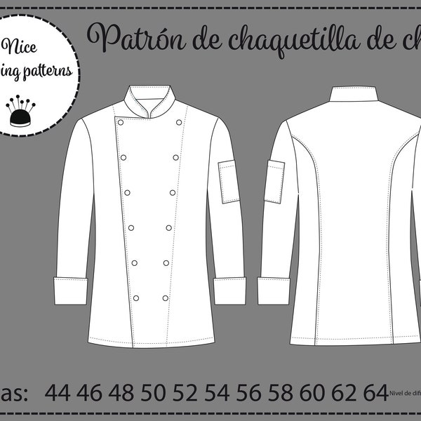 Chef Jacket pattern/ Patron de chaquetilla de chef para hombres/ CON INSTRUCCIONES /42,44,46,48,50,52,54,56,58,60,62