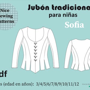 May include: A digital PDF sewing pattern for a traditional jacket for girls, featuring a front and back view of the garment. The pattern includes sizes for ages 3 to 12, with the text "Nice Sewing Patterns" and "Sofia" on a light blue background.