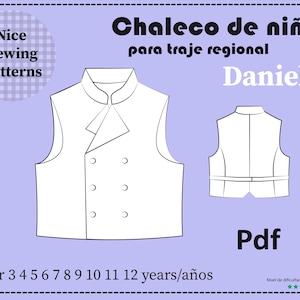 Modelo "Daniel " de chaleco regional para niños, sizes 3,4,5,6,7,8,9,10,11,12, no incluye instrucciones de confección