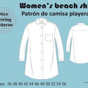 Beach dress shirt pattern pdf/camisola de playa para mujer pdf, pattern chemise femme 36/38/40/42/44/46/48/50/52/54/56