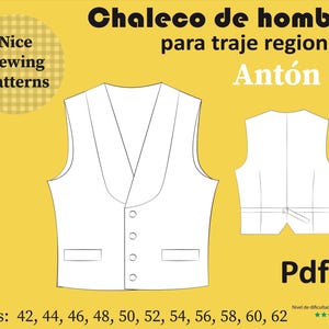 "Antón" Regional Vest Pattern / Men's Pattern Model / No Sewing Instructions, 42, 44, 46, 48, 50, 52, 54, 56, 58, 60, 62