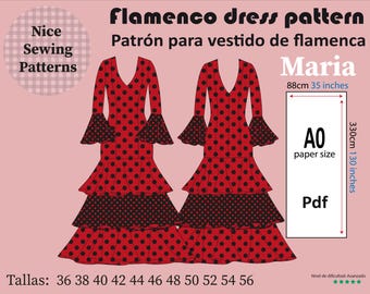 Flamenco „Maria“-Kleid-Schnittmuster (PDF, A0, Größen 36/38/40/42/44/46/48/50/52/54/56, Plotter, inklusive Nähanleitung)