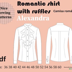 May include: A white, long-sleeved shirt pattern with ruffles, shown from the front and back views. The text reads "Romantic shirt with ruffles" and "Alexandra." Additional text includes "Nice Sewing Patterns" and "Pdf."