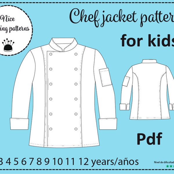 Chef jacket for kids, sizes 3,4,5,6,7,8,9,10,11,12, children's "chef" jacket pattern, cutting and sewing instructions in English and Spanish