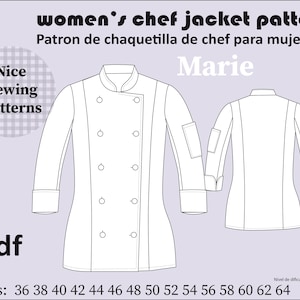 Könnte beinhalten: Ein Schnittmuster für eine Kochjacke namens Marie, das Vorder- und Rückansichten des Kleidungsstücks als Strichzeichnung zeigt. Das Design umfasst eine zweireihige Vorderseite mit Knöpfen, einen Stehkragen und lange Ärmel mit Manschetten. Text beinhaltet "women's chef jacket pattern" und "Pdf".