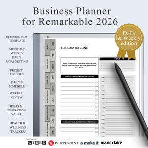 May include: A digital business planner for Remarkable 2026, with daily and weekly editions. The planner includes sections for goal setting, project planning, and health tracking. The image shows a stylus and the planner's interface with the text "Tuesday 03 June".
