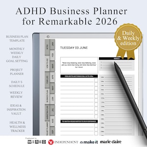Può includere: ADHD Business Planner per Remarkable 2026, un planner digitale con edizioni giornaliere e settimanali. Include definizione degli obiettivi, pianificazione dei progetti e monitoraggio della salute. Con stilo nero e presentato su Wired, Independent e Marie Claire.