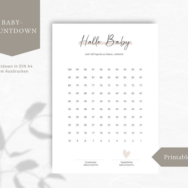 Minimalistischer Baby-Countdown, Schwangerschaftscountdown zum selber Ausdrucken in DIN A4, digitaler Download, printable PDF Datei