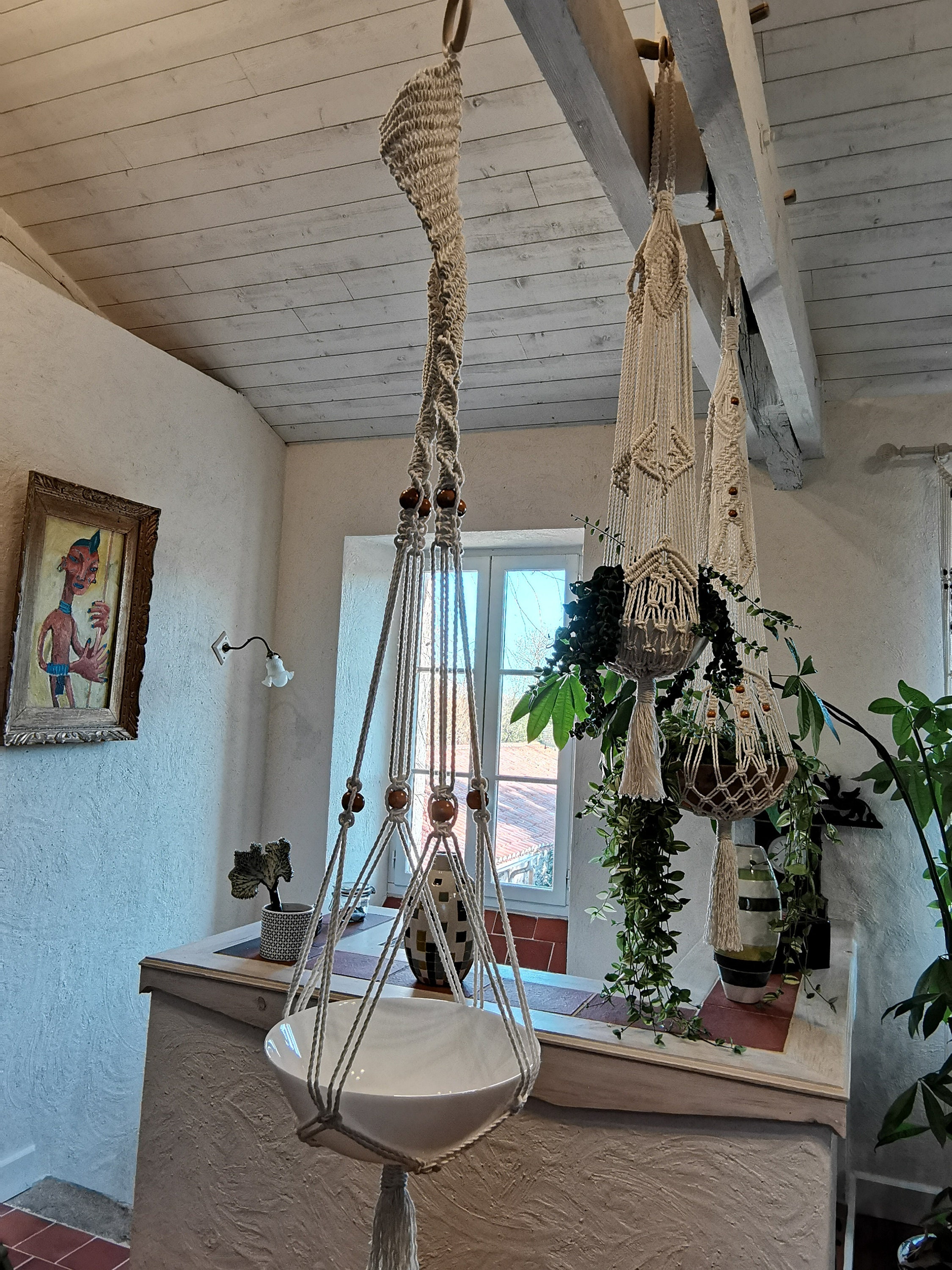Suspension Macramé, Coupe à Fruits, Rangement Cuisine, Art Floral en Support Pour Plantes, Décoratio