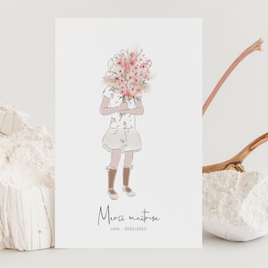 Digitale Datei - Dankeskarte Herrin, Atsem, Meister, Geschenk zum Jahresende, Briefpapier, Studentin mit Blumenstrauß