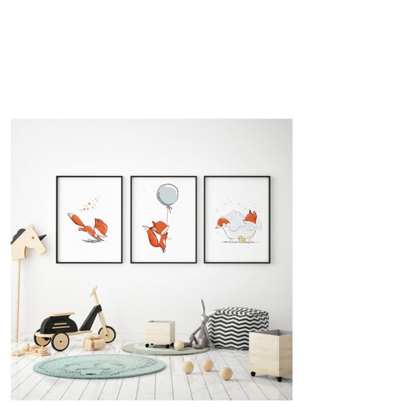 Triptyque affiches renard, Décoration chambre bébé/enfant, Triptyque chambre enfant, Artprint, Triptych fox poster, fox drawing