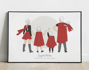 Affiche Famille Super héros - Poster famille personnalisée - Illustration famille avec pouvoirs - Cadeau fête des mères - Personne avec cape