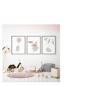 Rabbit poster triptych, Baby/child room decoration, Kids room triptych, Artprint, Rabbit poster triptych