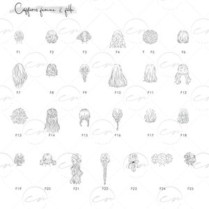 Peut inclure: Un ensemble de 25 dessins au trait noir et blanc de diff&eacute;rentes coiffures pour femmes et filles. Les dessins sont num&eacute;rot&eacute;s de F1 &agrave; F25.