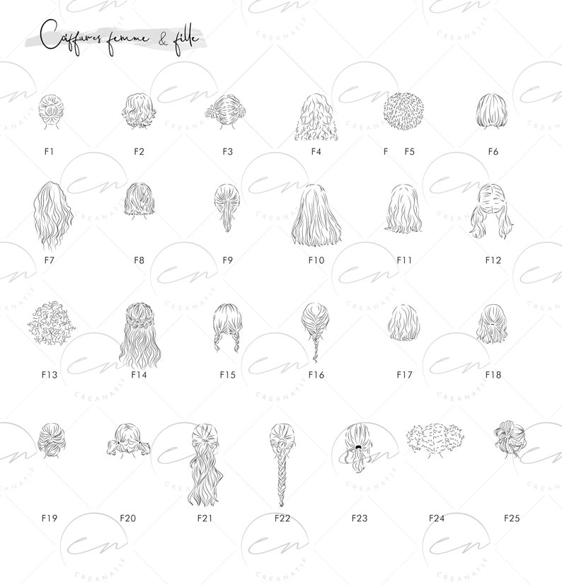 Peut inclure: Un ensemble de 25 dessins au trait noir et blanc de diff&eacute;rentes coiffures pour femmes et filles. Les dessins sont num&eacute;rot&eacute;s de F1 &agrave; F25.