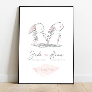 Cartel de nacimiento de conejo gemelo personalizado, decoración de habitación de bebé/niño, impresión artística, cartel de regalo de nacimiento, regalo de nacimiento