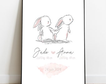 Personalized twin rabbit birth poster, Baby/child room decoration, Artprint, Birth present poster, birth gift