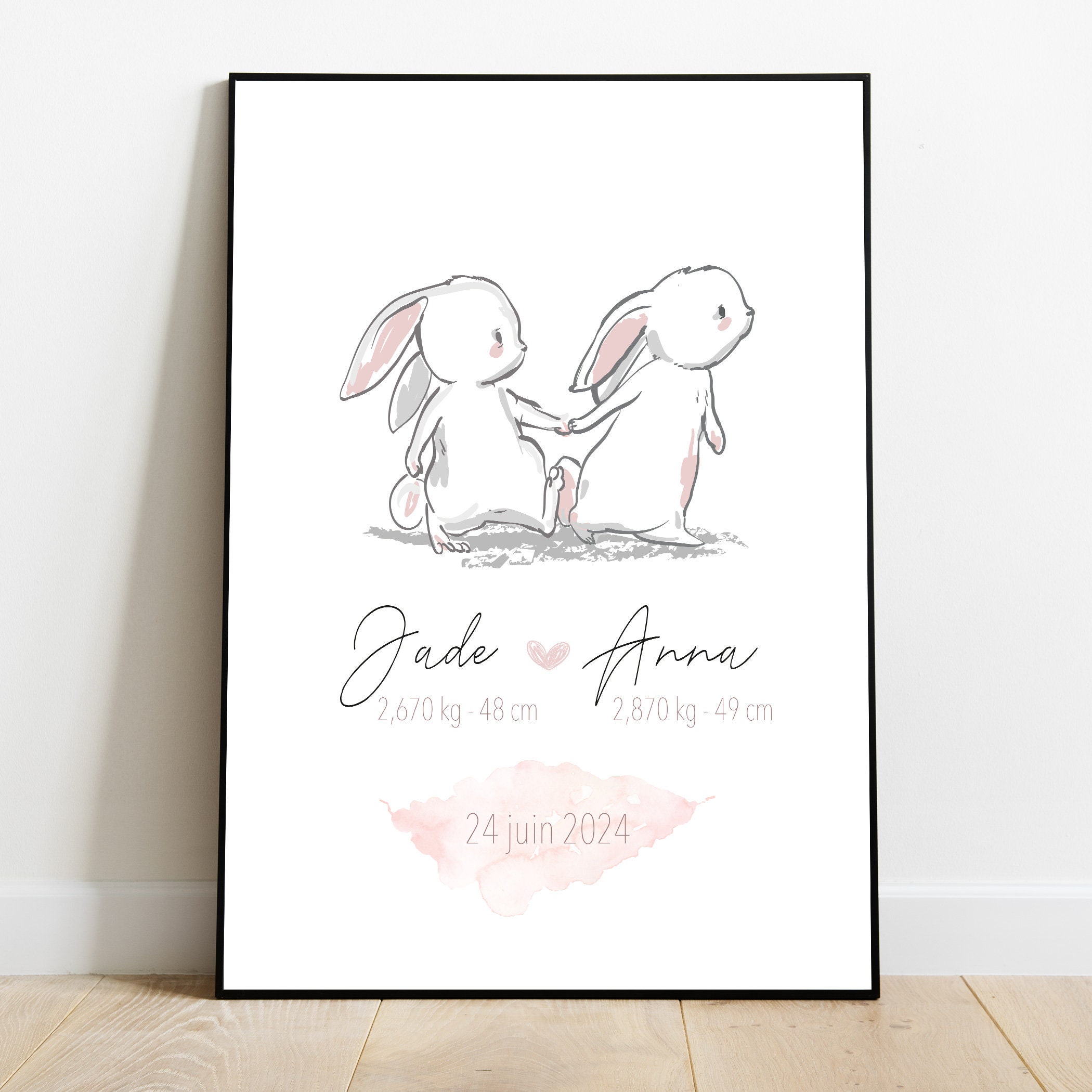 Affiche Personnalisée Naissance Jumelles Lapin, Décoration Chambre Bébé/Enfant, Artprint, Birth Pres