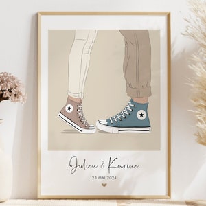 Retrato de pareja - Póster de amantes personalizado - Ilustración de zapatillas Converse - Regalo de San Valentín - Póster de zapatos casados