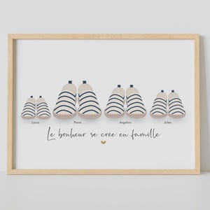 May include: A white background with a framed illustration of five pairs of blue and white striped espadrilles. The names Laura, Pierre, Angelina, and Julien are written below each pair of shoes. The text "Le bonheur se crée en famille" is written below the shoes.
