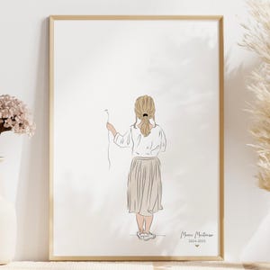 Affiche "Arbre à empreintes professeur des écoles" - Poster souvenir maîtresse - Illustration maîtresse - Empreintes élèves - Dessin femme